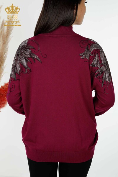 Venta al por mayor Suéter de punto para mujer con detalles florales en los hombros púrpura - 16597 | kazee - Thumbnail