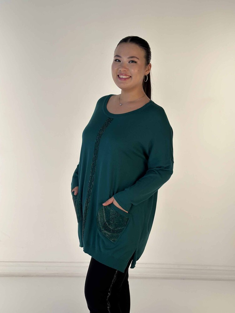 Venta al por mayor de punto de mujer suéter bolsillo detallado piedra bordado leopardo estampado cuello redondo verde - 30621 | KAZEE - 2