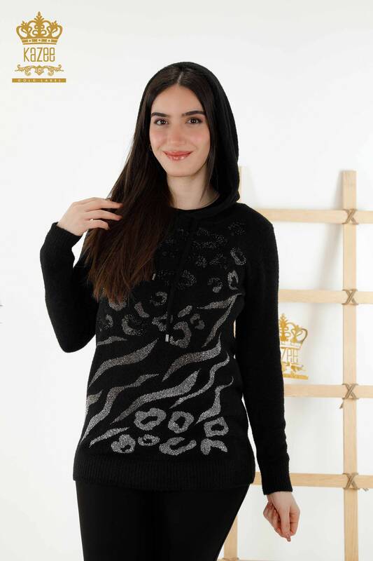 Venta al por mayor Suéter de Punto para Mujer - Leopardo Bordado de Piedra de Negro - 40004 | KAZEE