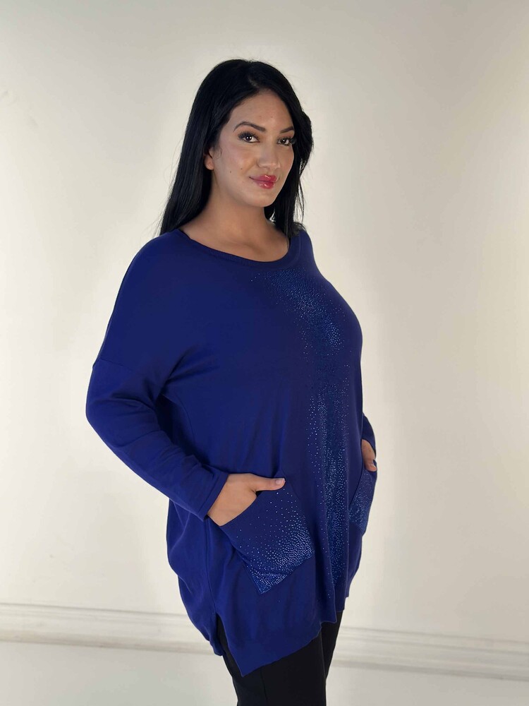 Venta al por mayor de punto de mujer suéter Crystal Stone bordado bolsillo detallado Saks - 30602 | KAZEE - 2