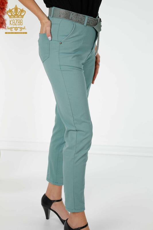 Venta al por mayor Pantalones de mezclilla para mujer con cinturón de bolsillo Mint - 3498 | kazee