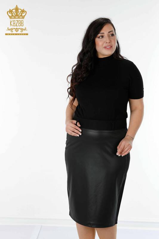 Venta al por mayor Falda de cuero para mujer con botón detallado negro - 4220 | kazee