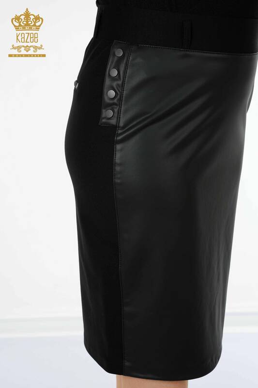 Venta al por mayor Falda de cuero para mujer con botón detallado negro - 4220 | kazee