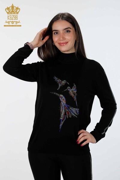 Venta al por mayor de prendas de punto para mujer con estampado de pájaros y cuello alto bordados con piedra - 16459 | kazee - Thumbnail