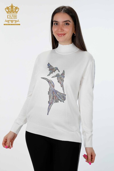 Venta al por mayor de prendas de punto para mujer con estampado de pájaros y cuello alto bordados con piedra - 16459 | kazee - Thumbnail
