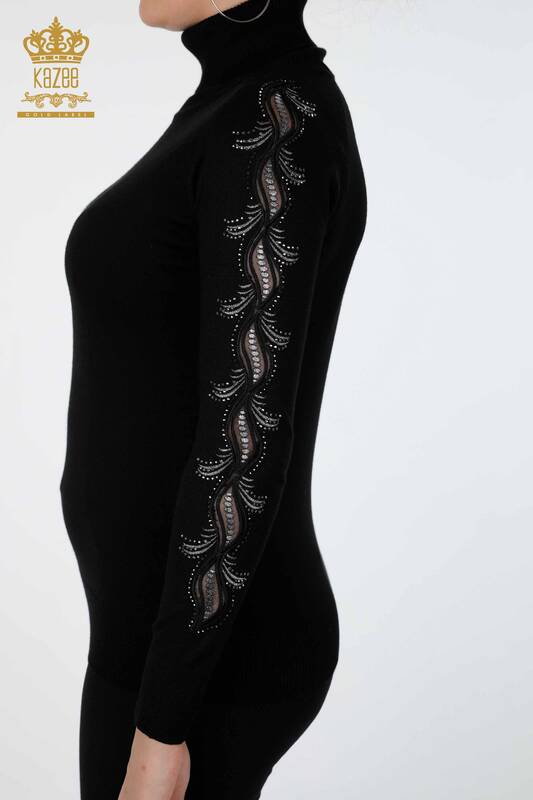 Venta al por mayor de prendas de punto para mujer con cuello alto y manga con detalles de piedra bordada - 15885 | kazee
