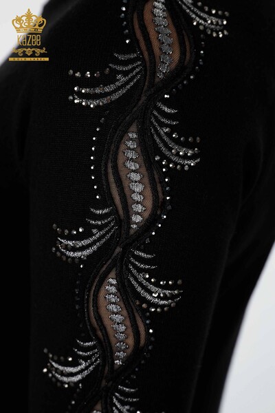 Venta al por mayor de prendas de punto para mujer con cuello alto y manga con detalles de piedra bordada - 15885 | kazee - Thumbnail