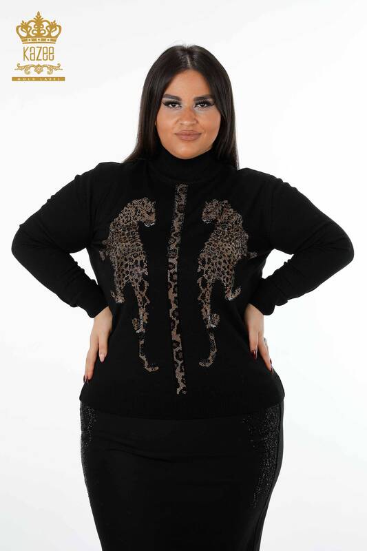 Venta al por mayor de las mujeres suéter de punto de cuello alto patrón de leopardo bordado de piedra - 16786 | kazee