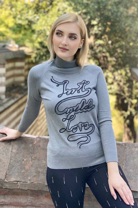 Venta al por mayor de prendas de punto para mujer, suéter con cuello alto y letras detalladas - 15616 | kazee
