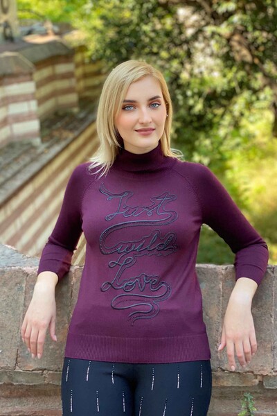Venta al por mayor de prendas de punto para mujer, suéter con cuello alto y letras detalladas - 15616 | kazee - Thumbnail