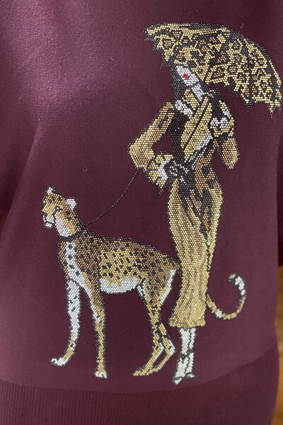 Venta al por mayor Suéter de punto para mujer con cuello redondo detallado de leopardo - 16557 | kazee - Thumbnail