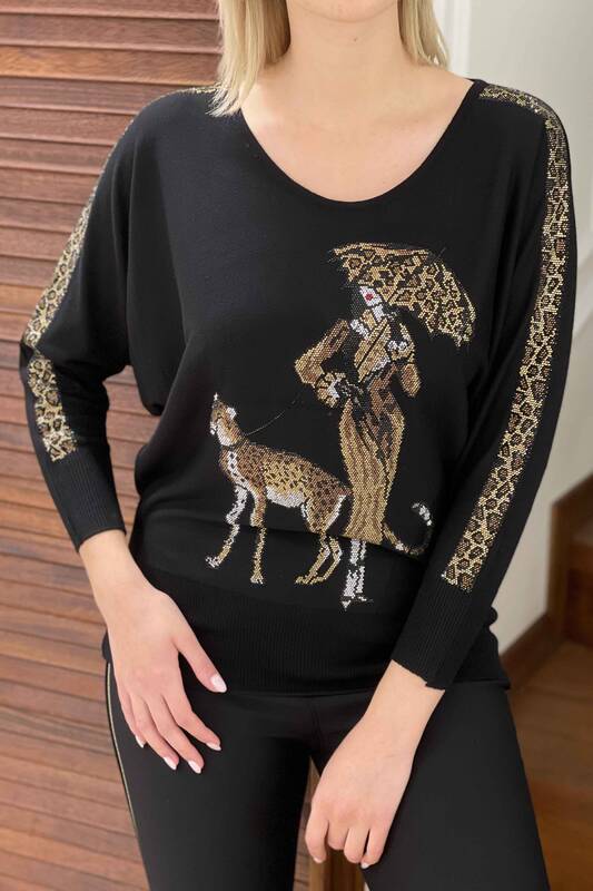 Venta al por mayor Suéter de punto para mujer con cuello redondo detallado de leopardo - 16557 | kazee
