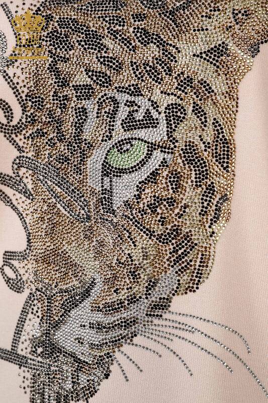 Venta al por mayor de prendas de punto para mujer con estampado de leopardo y letras bordadas detalladas - 16157 | kazee