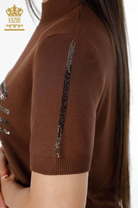 Venta al por mayor de prendas de punto para mujer con tira de manga bordada con piedra y texto detallado - 16933 | kazee