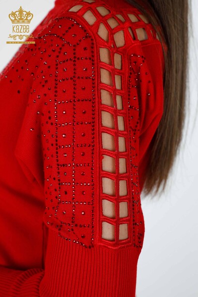 Venta al por mayor de prendas de punto de mujer con cuello redondo y bordado de piedra detallada - 15273 | kazee - Thumbnail