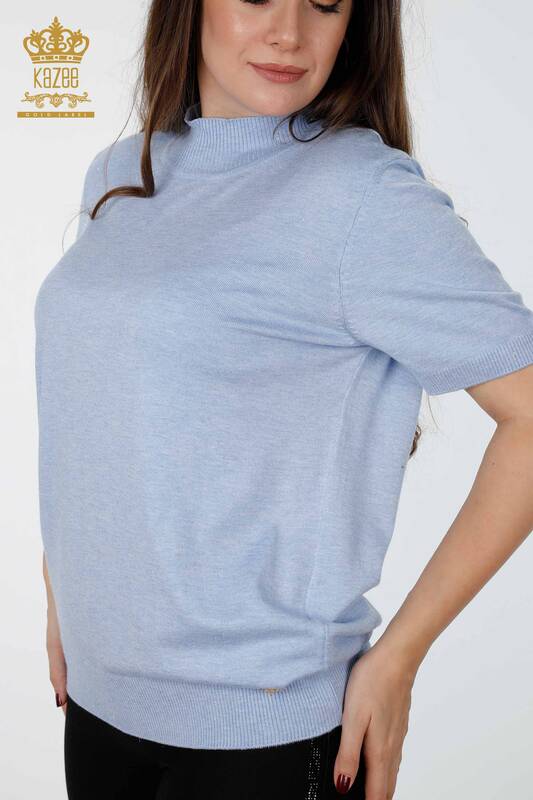 Venta al por mayor de prendas de punto para mujer con brillo de transición de manga corta con cuello levantado básico - 16685 | kazee