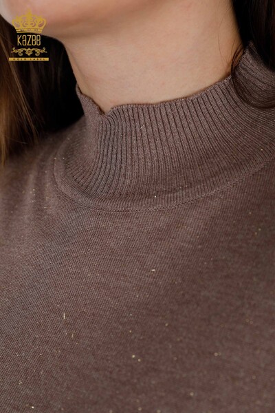 Venta al por mayor de prendas de punto para mujer con brillo de transición de manga corta con cuello levantado básico - 16685 | kazee - Thumbnail