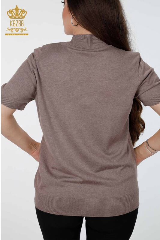 Venta al por mayor de prendas de punto para mujer con brillo de transición de manga corta con cuello levantado básico - 16686 | kazee