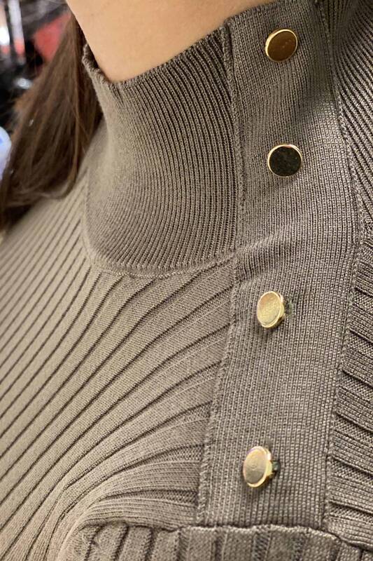 Venta al por mayor Suéter de punto para mujer Botón de cuello levantado detallado - 16238 | kazee