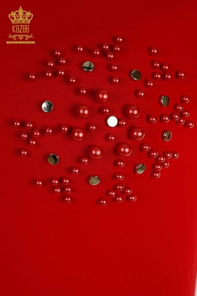 Grossiste Chemisier Femme - Perles Brodées - Rouge - 79201 | KAZEE - Thumbnail