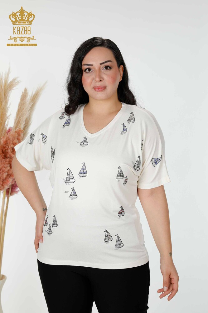 Grossiste Chemisier Femme Pierre Brodée Ecru - 78936 | KAZEE - 1