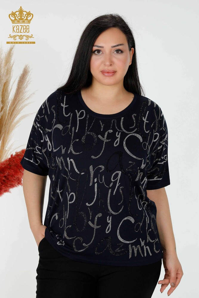 Grossiste Femme Chemisier Lettre Détail Marine - 78833 | KAZEE - 1