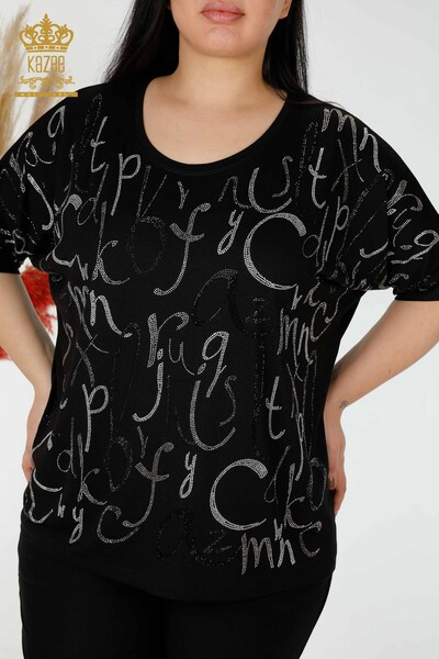 Grossiste Femme Chemisier Lettre Détaillée Noir - 78833 | KAZEE - 2