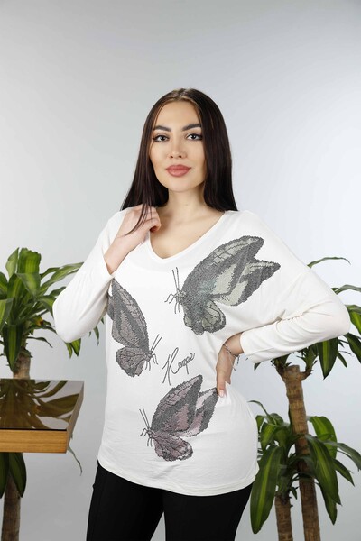 Vente en gros de chemisier brodé de pierres à motifs de papillons pour femmes - 77939 | KAZEE - Thumbnail