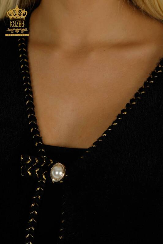 Cardigan Angora Femme Noir avec Boutons Perles - 30264 | KAZEE