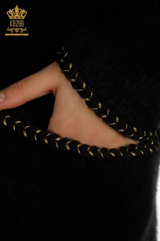 Cardigan Angora Femme Noir avec Boutons Perles - 30264 | KAZEE