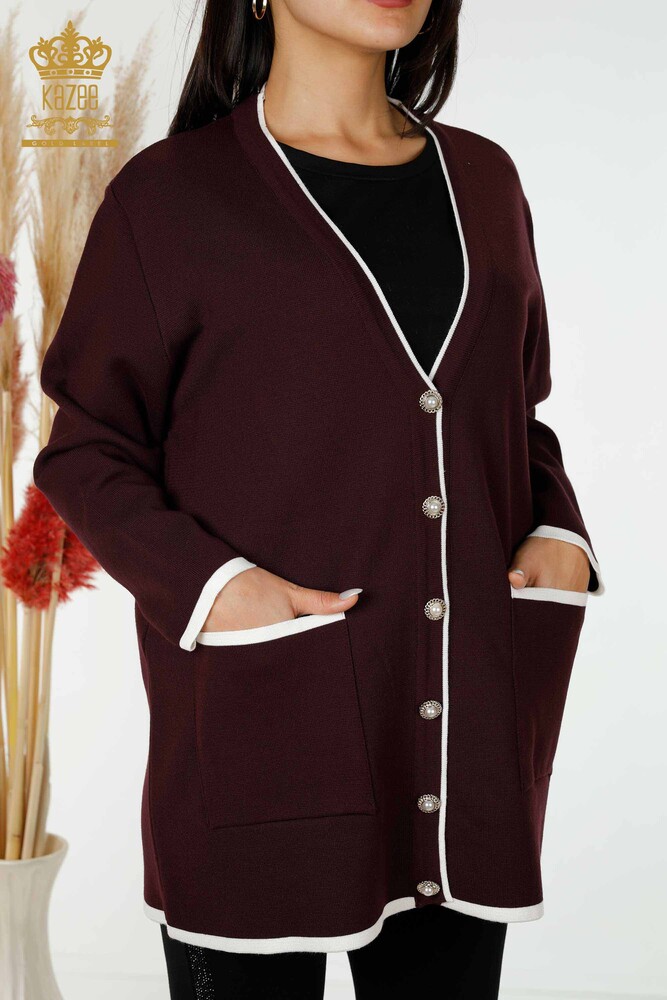 Grossiste Cardigan Femme Boutonné Prune avec Poche - 30148 | KAZEE - 3