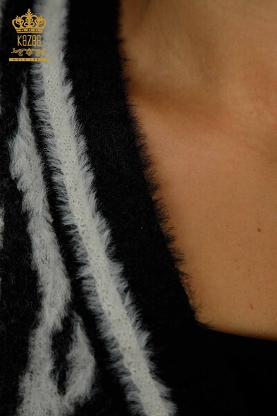 Gros Cardigan Long Femme Angora Bicolore Ecru Noir - 30587 | KAZEE - Thumbnail
