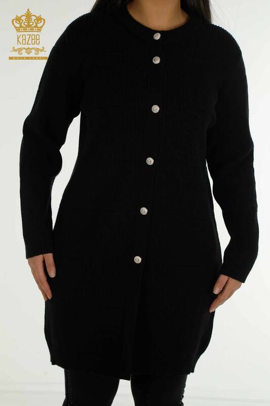 Cardigan long noir avec trous pour femmes, vente en gros - 30643 | KAZEE
