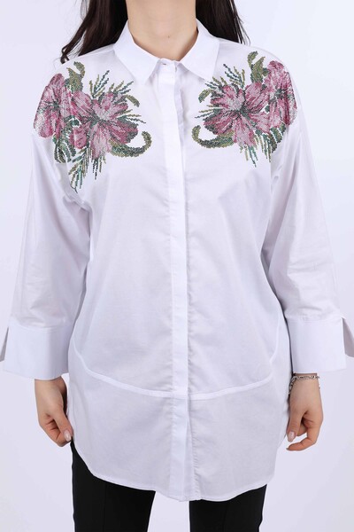 Vente en gros de chemise en pierre de couleur avec détail floral à l'épaule pour femme - 20024 | KAZEE - Thumbnail