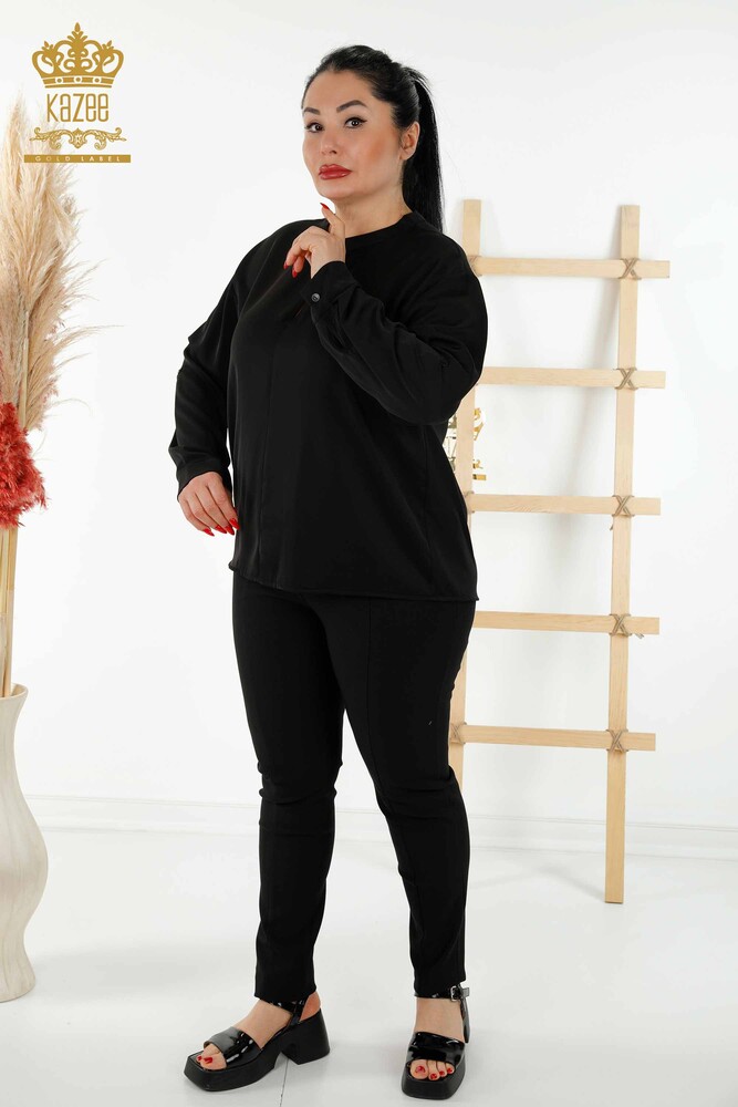 Grossiste Chemise Femme - Manche Détail Bouton - Noir - 20376 | KAZEE - 1