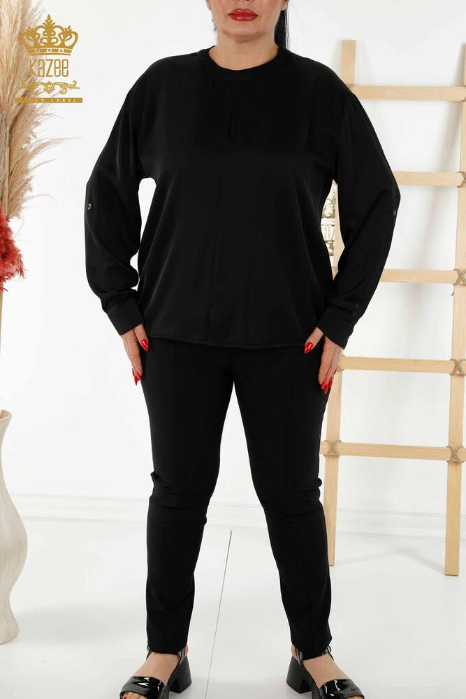 Grossiste Chemise Femme - Manche Détail Bouton - Noir - 20376 | KAZEE - 2