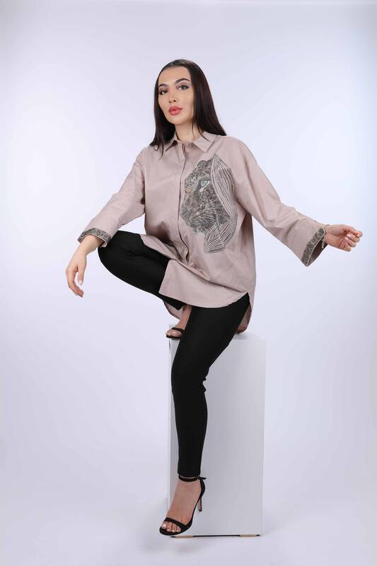 Vente en gros de chemise brodée de pierres à motifs léopard pour femmes - 17052 | KAZEE