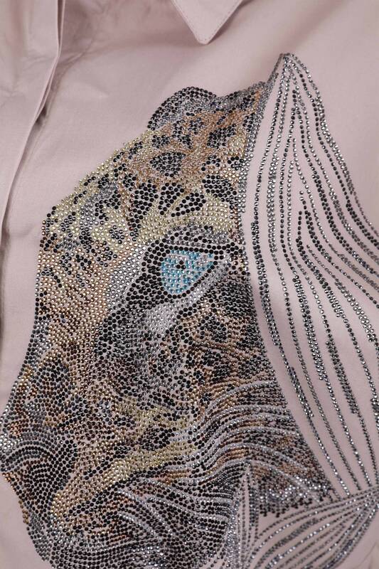 Vente en gros de chemise brodée de pierres à motifs léopard pour femmes - 17052 | KAZEE