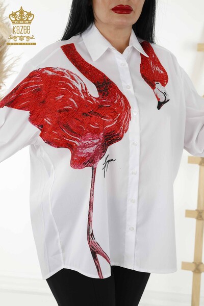 Grossiste Chemise Femme - Flamingo Détaillé - Blanc - 20375 | KAZEE - Thumbnail