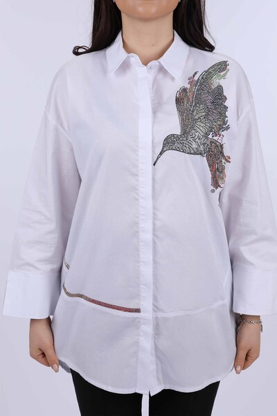 Vente en gros de chemise brodée de pierres à motifs d'oiseaux pour femmes - 20025 | KAZEE - Thumbnail