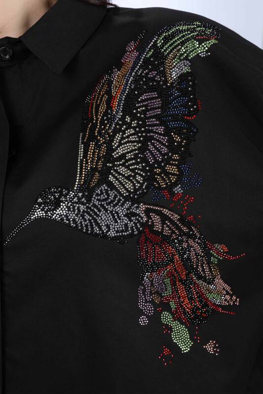 Vente en gros de chemise brodée de pierres à motifs d'oiseaux pour femmes - 20025 | KAZEE
