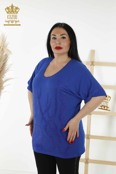 Grossiste Chemisier Femme - À Motifs - Manches Courtes - Bleu Foncé - 79070 | KAZEE 