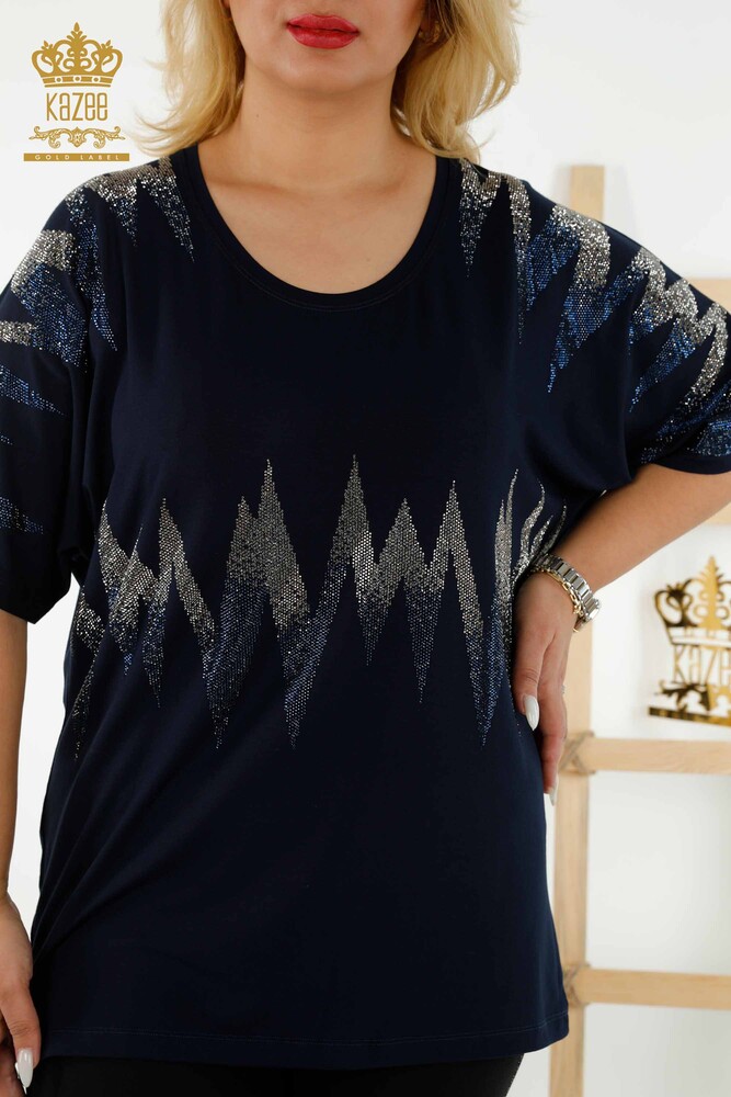 Grossiste Chemisier Femme - À Motifs - Manches Courtes - Bleu Marine - 79109 | KAZEE - 2