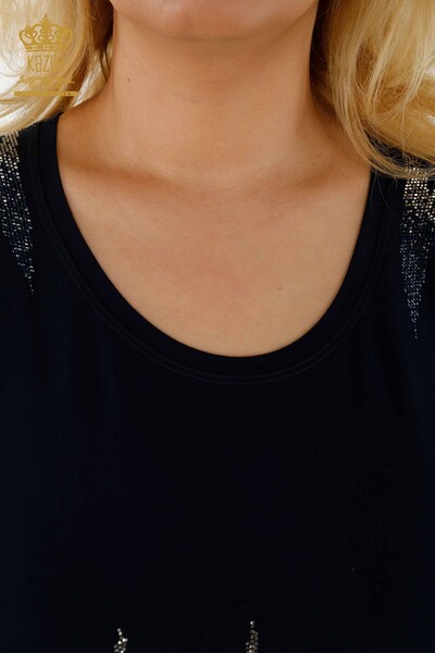 Grossiste Chemisier Femme - À Motifs - Manches Courtes - Bleu Marine - 79109 | KAZEE - 5