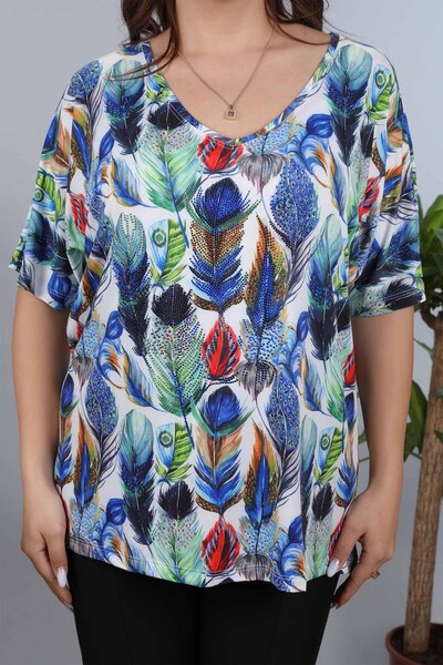 Vente en gros de chemisier à manches courtes à motif de plumes colorées pour femmes - 77791 | KAZEE - Thumbnail