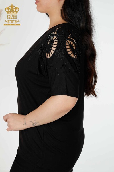 Grossiste Femme Blouse Épaule Détaillée Noir - 77985 | KAZEE - 4