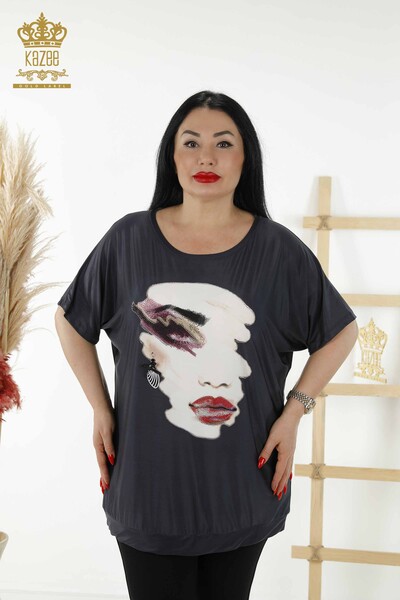 Grossiste Chemisier Femme - Impression Numérique - Bleu Marine - 77755 | KAZEE 