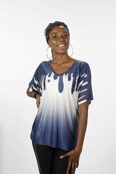 Vente en gros de chemisier pour femme à manches courtes avec transition de couleur imprimée numérique - 12033 | KAZEE - Thumbnail