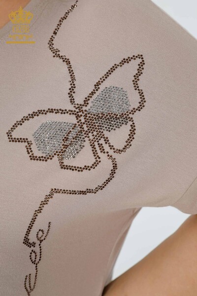 Grossiste Chemisier Femme Motif Papillon Beige - 78956 | KAZEE - 3