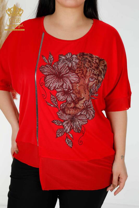 Grossiste Chemisier Femme Tigre Floral Rouge - 79029 | KAZEE